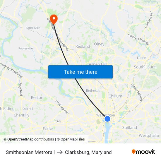 Smithsonian Metrorail to Clarksburg, Maryland map