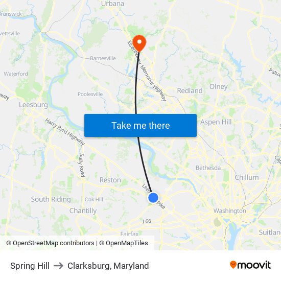 Spring Hill to Clarksburg, Maryland map