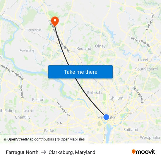 Farragut North to Clarksburg, Maryland map