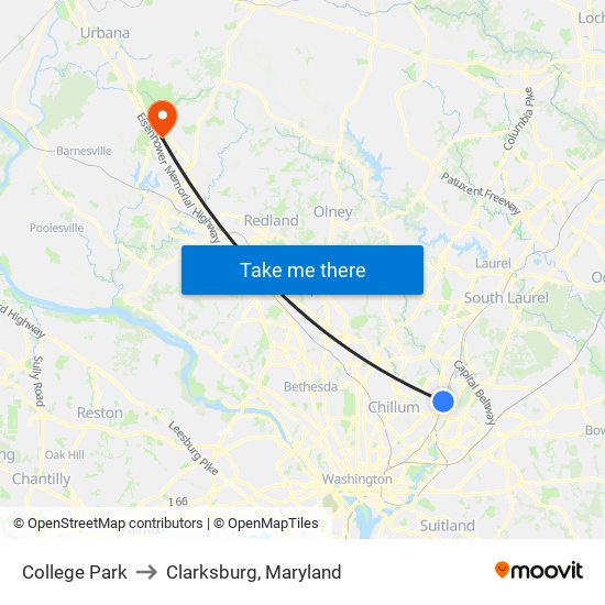 College Park to Clarksburg, Maryland map