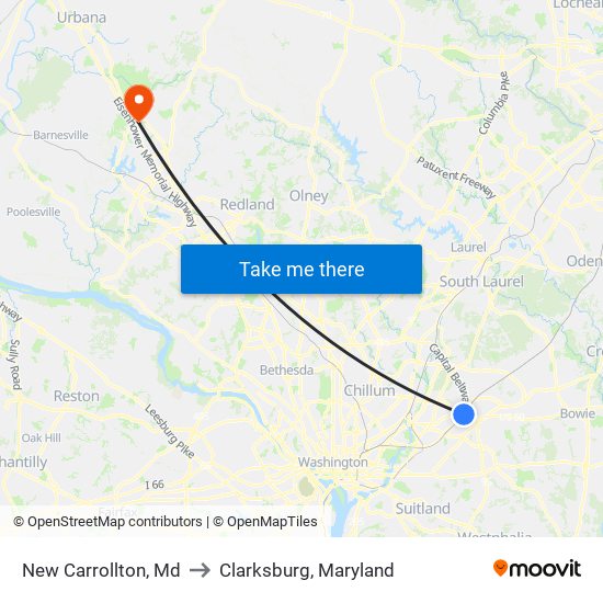 New Carrollton, Md to Clarksburg, Maryland map