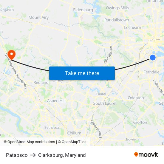 Patapsco to Clarksburg, Maryland map