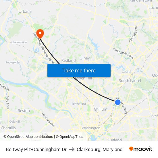 Beltway Plz+Cunningham Dr to Clarksburg, Maryland map