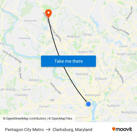 Pentagon City Metro to Clarksburg, Maryland map