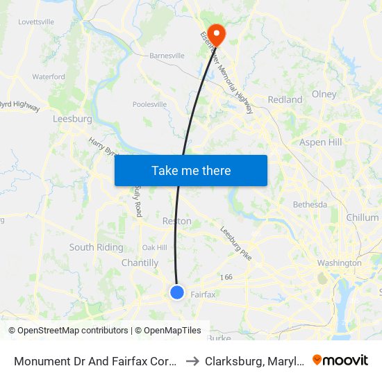 Monument Dr @ Fairfax Corner A to Clarksburg, Maryland map