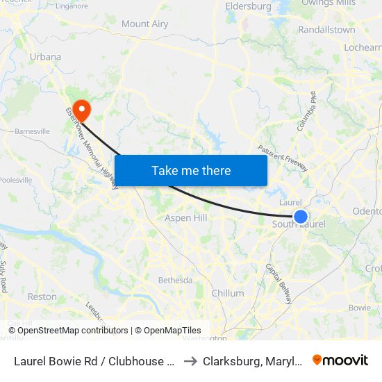 Laurel Bowie Rd / Clubhouse Blvd to Clarksburg, Maryland map