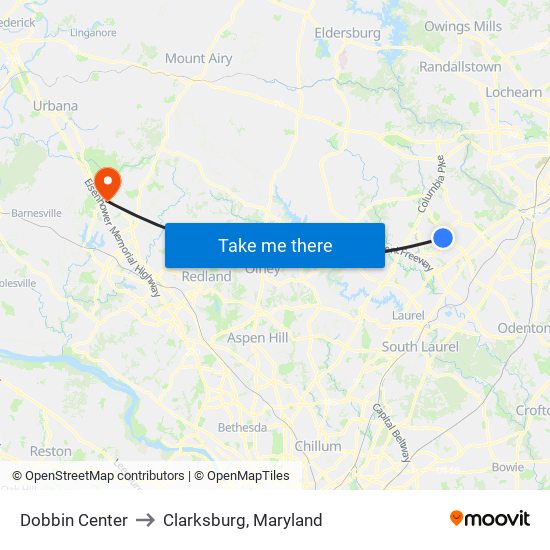 Dobbin Center to Clarksburg, Maryland map