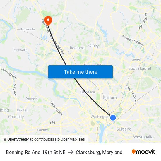 Benning Rd And 19th St NE to Clarksburg, Maryland map