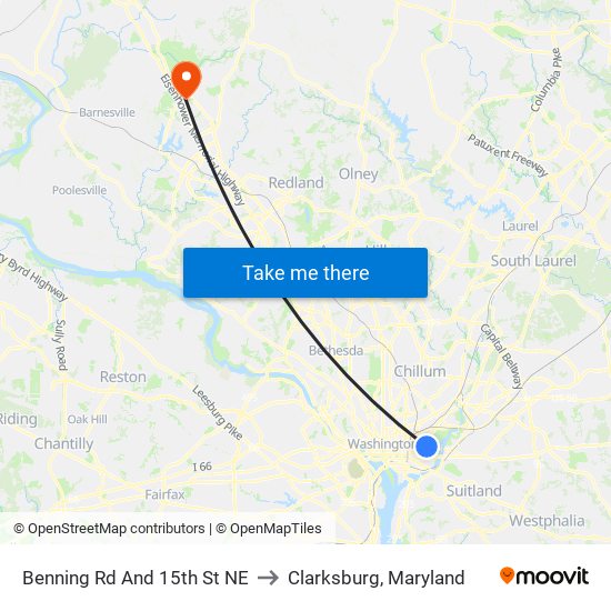 Benning Rd And 15th St NE to Clarksburg, Maryland map