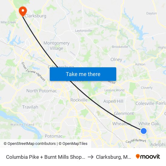 Columbia Pike + Burnt Mills Shopping Center to Clarksburg, Maryland map