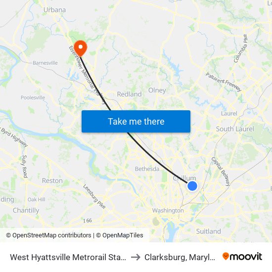 West Hyattsville Metrorail Station to Clarksburg, Maryland map