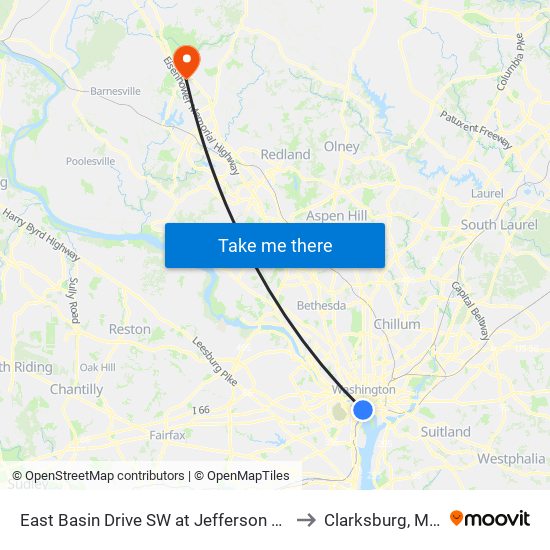 East Basin Drive SW at Jefferson Memorial (Wb) to Clarksburg, Maryland map