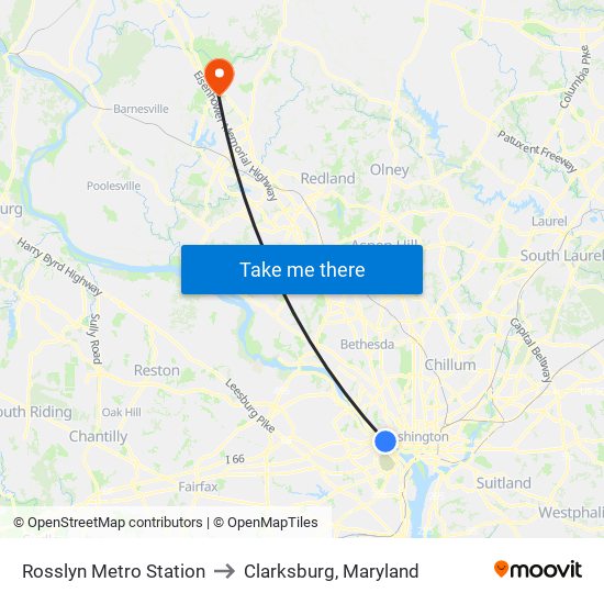 Rosslyn Metro Station to Clarksburg, Maryland map