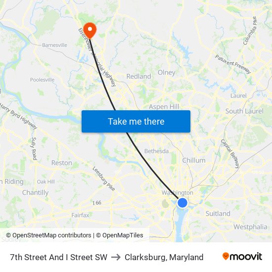 7th Street And I Street SW to Clarksburg, Maryland map