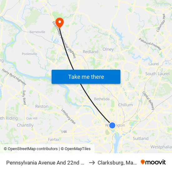 Pennsylvania Avenue And 22nd Street NW to Clarksburg, Maryland map