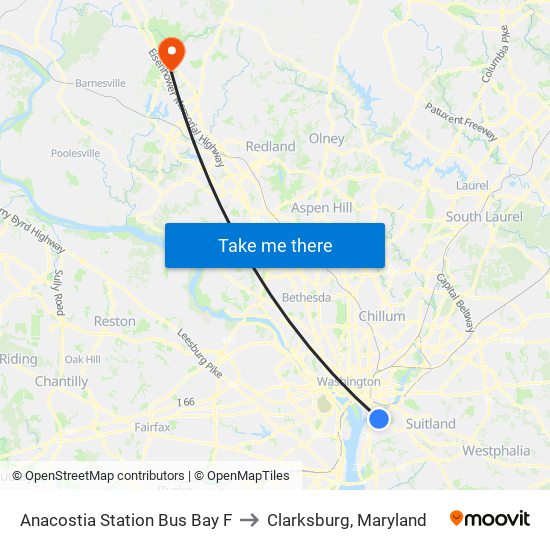 Anacostia Station Bus Bay F to Clarksburg, Maryland map