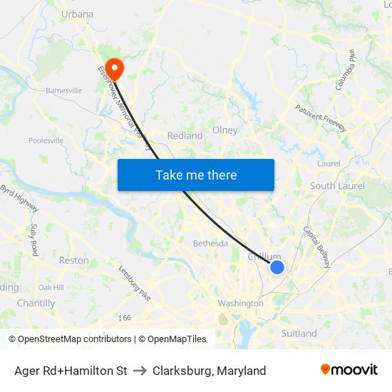 Ager Rd+Hamilton St to Clarksburg, Maryland map