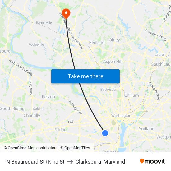 N Beauregard St+King St to Clarksburg, Maryland map