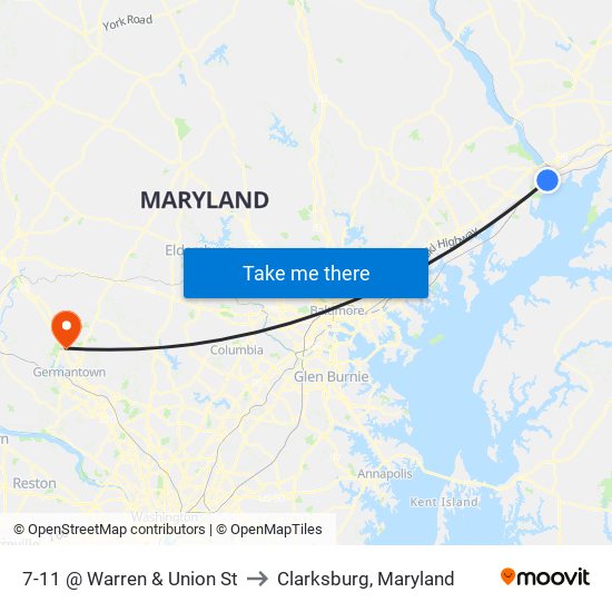 7-11 @ Warren & Union St to Clarksburg, Maryland map