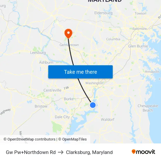 Gw Pw+Northdown Rd to Clarksburg, Maryland map