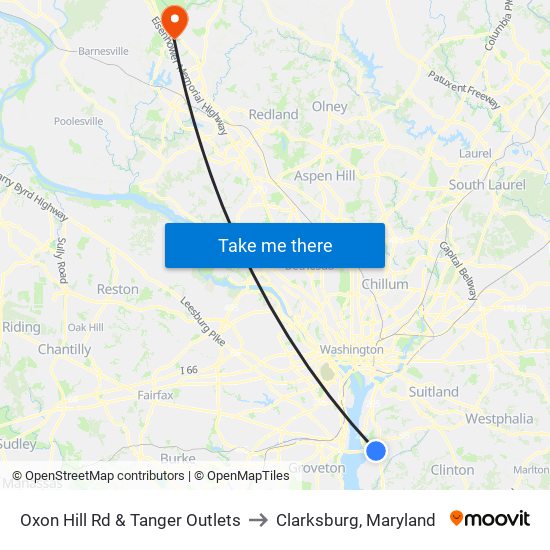 Oxon Hill Rd & Tanger Outlets to Clarksburg, Maryland map