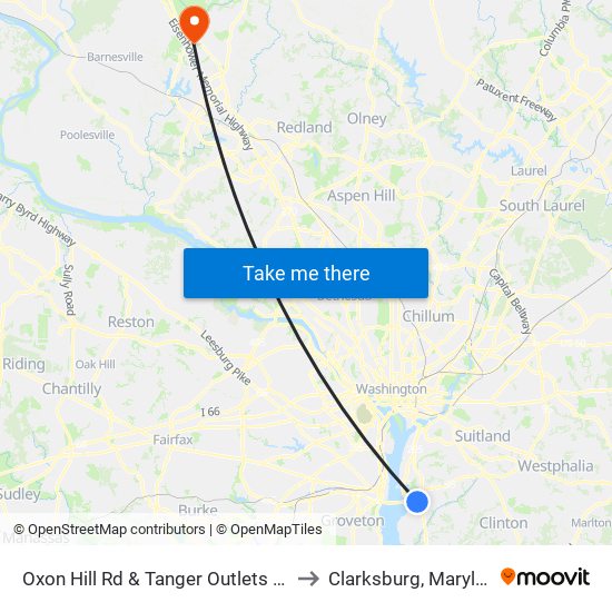 Oxon Hill Rd & Tanger Outlets Main to Clarksburg, Maryland map