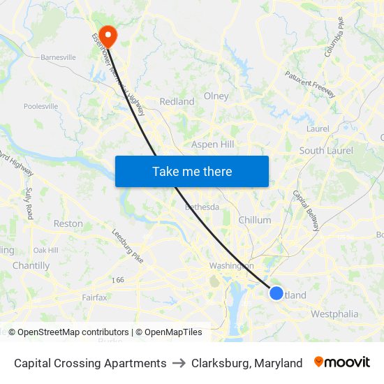 Capital Crossing Apartments to Clarksburg, Maryland map