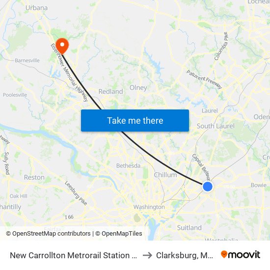 New Carrollton Metrorail Station at Bus Bay F to Clarksburg, Maryland map