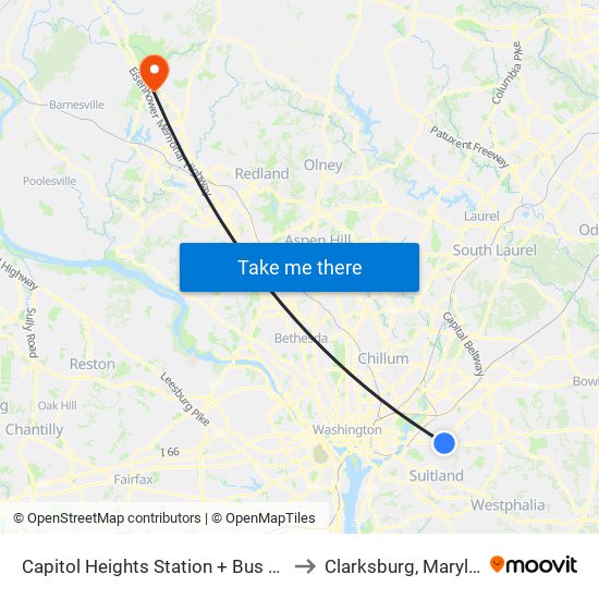 Capitol Heights Station + Bus Bay B to Clarksburg, Maryland map