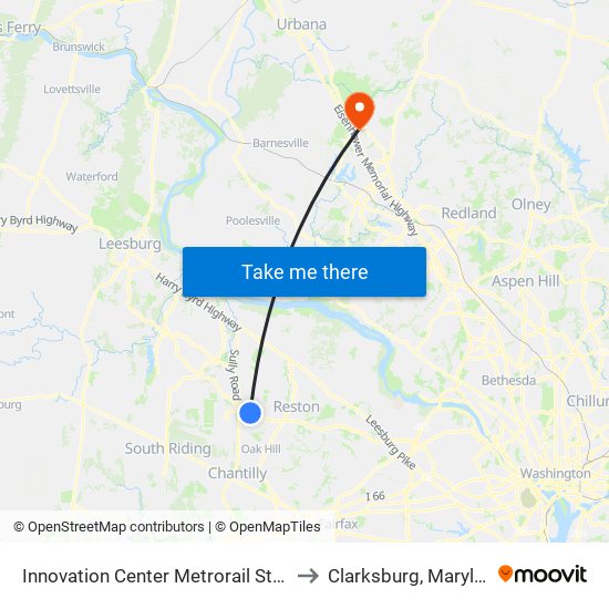 Innovation Center Metrorail Station to Clarksburg, Maryland map