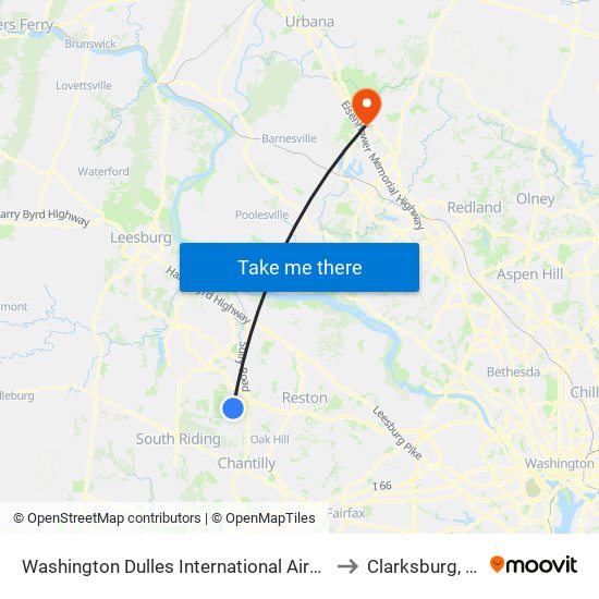 Washington Dulles International Airport Metrorail Station to Clarksburg, Maryland map