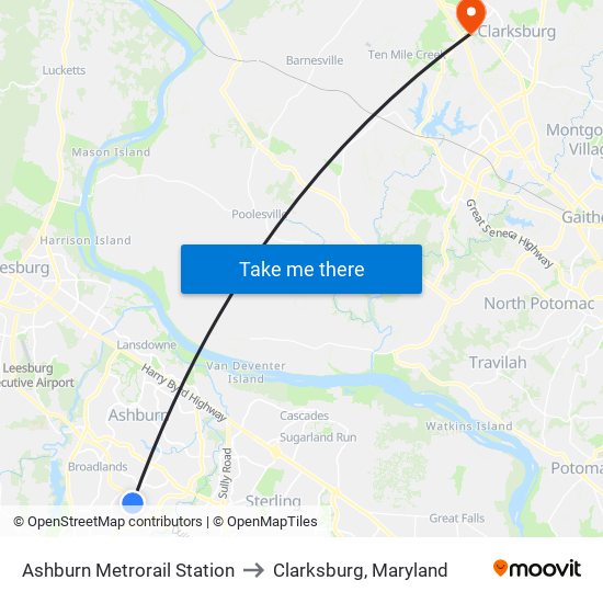 Ashburn Metrorail Station to Clarksburg, Maryland map