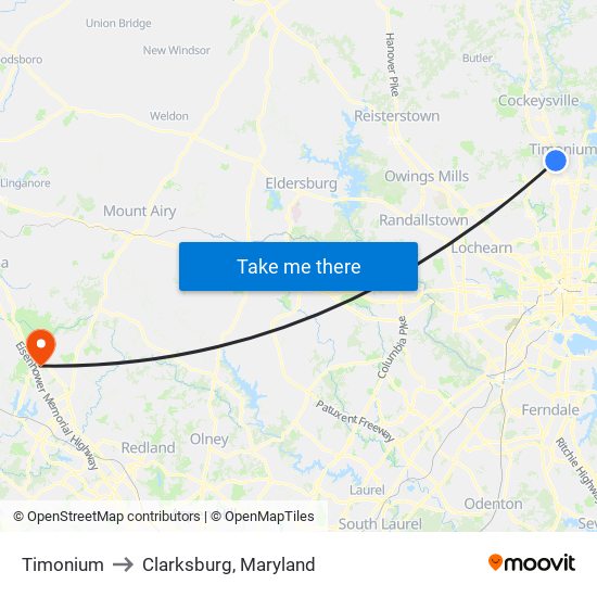 Timonium to Clarksburg, Maryland map