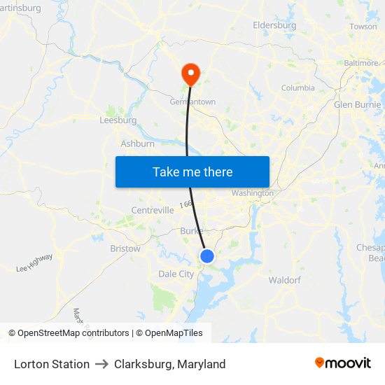 Lorton Station to Clarksburg, Maryland map