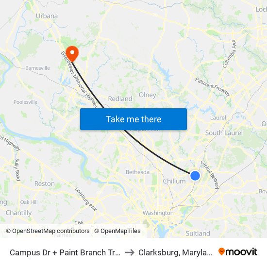 Campus Dr + Paint Branch Trail to Clarksburg, Maryland map