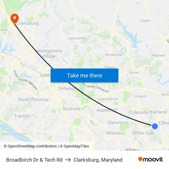 Broadbirch Dr & Tech Rd to Clarksburg, Maryland map