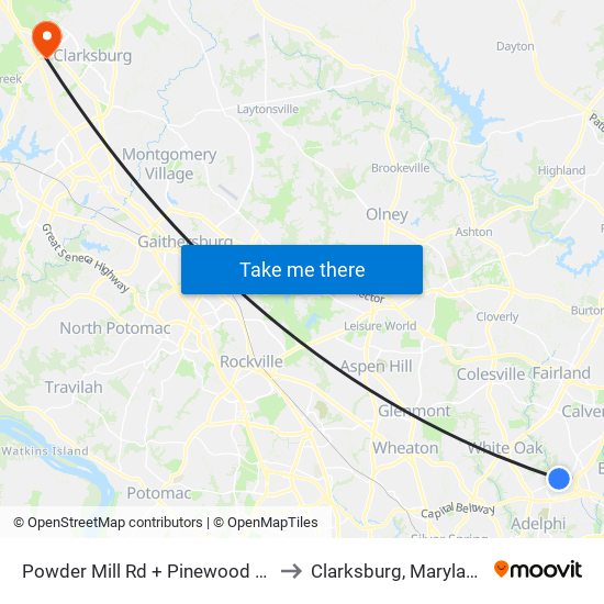 Powder Mill Rd + Pinewood Ct to Clarksburg, Maryland map