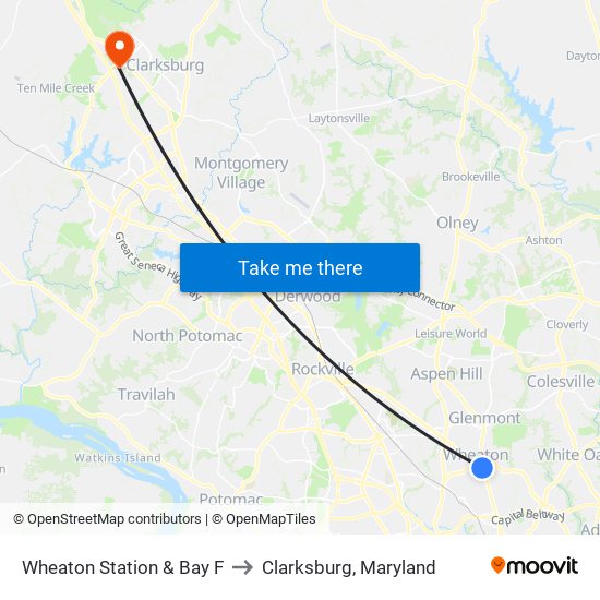 Wheaton Station & Bay F to Clarksburg, Maryland map