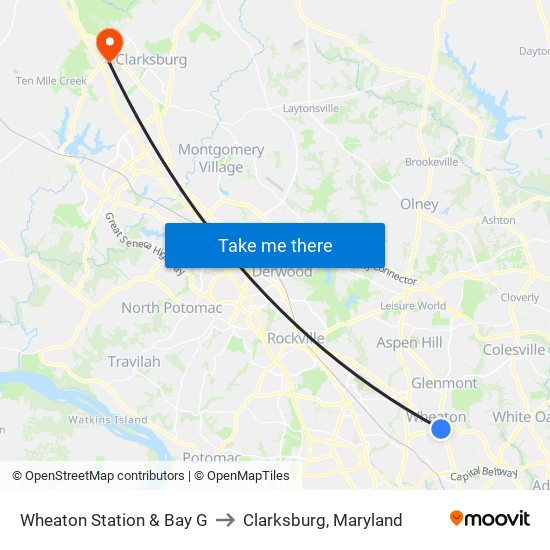 Wheaton Station & Bay G to Clarksburg, Maryland map