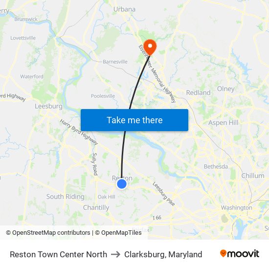 Reston Town Center North to Clarksburg, Maryland map