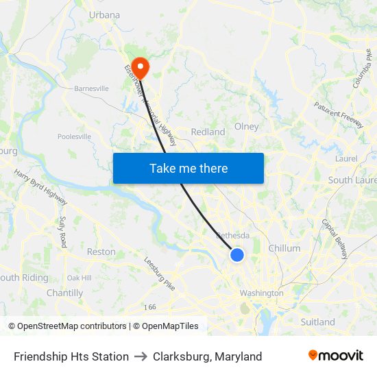 Friendship Hts Station to Clarksburg, Maryland map