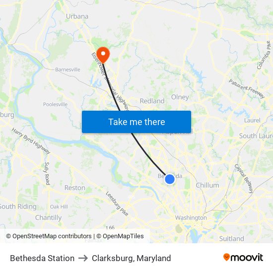 Bethesda Station to Clarksburg, Maryland map