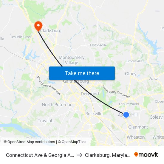 Connecticut Ave & Georgia Ave to Clarksburg, Maryland map