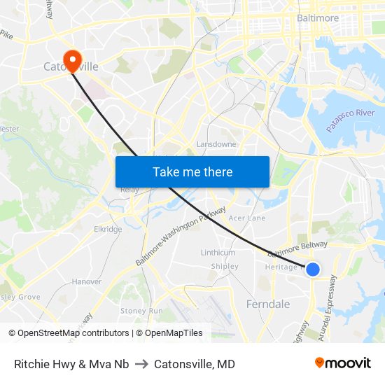 Ritchie Hwy & Mva Nb to Catonsville, MD map