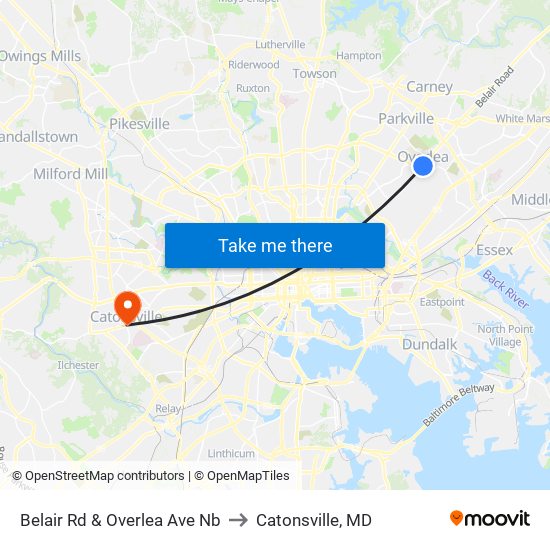 Belair Rd & Overlea Ave Nb to Catonsville, MD map