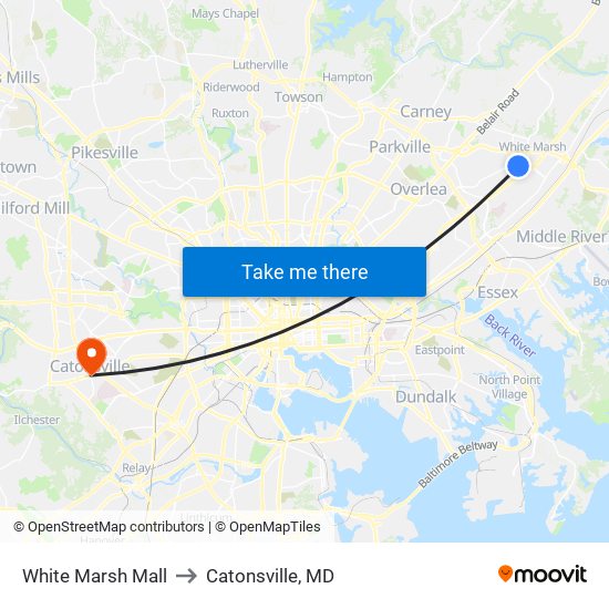 White Marsh Mall to Catonsville, MD map