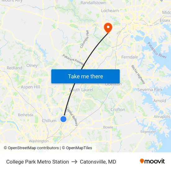 College Park Metro Station to Catonsville, MD map