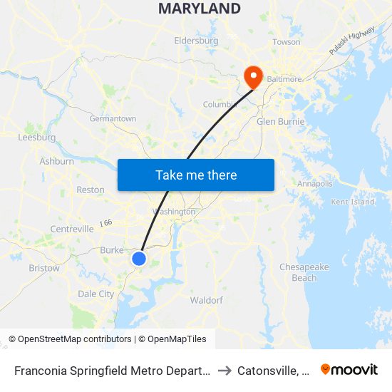 Franconia Springfield Metro Departures to Catonsville, MD map