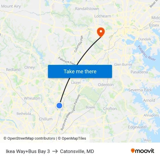 Ikea Way+Bus Bay 3 to Catonsville, MD map