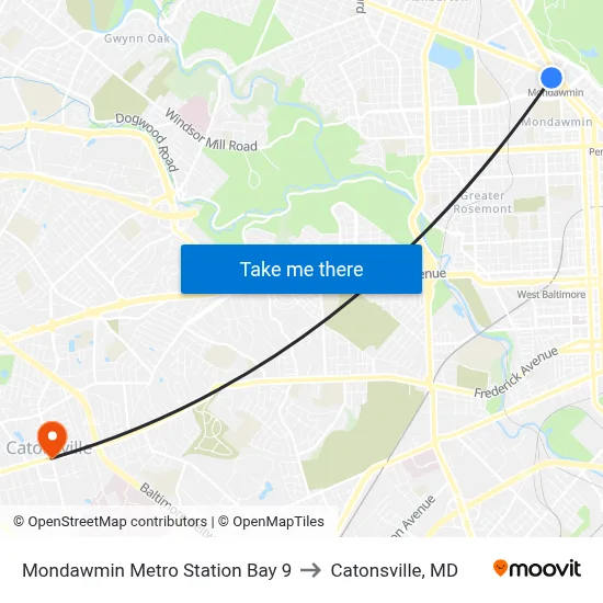 Mondawmin Metro Station Bay 9 to Catonsville, MD map